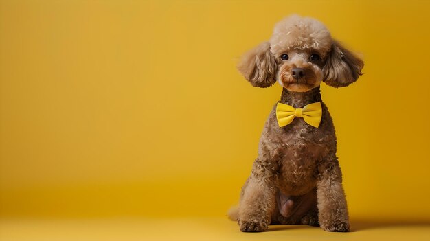 Adorabile barboncino marrone che posa con un papillon su uno sfondo giallo Perfetto per disegni allegri a tema di animali domestici Attraente e elegante ritratto canino AI