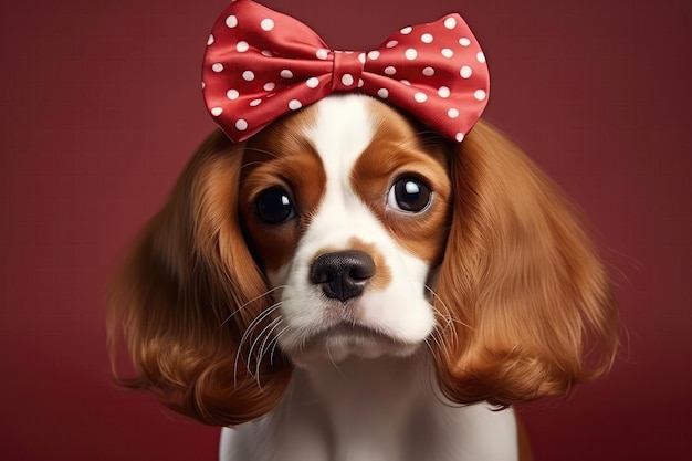 Adorabile Beagle con parrucca rossa riccia e fiocco AI generativa