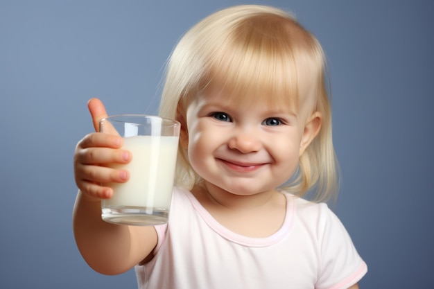 Adorabile biondina saluta con un bicchiere di latte e un pollice in su