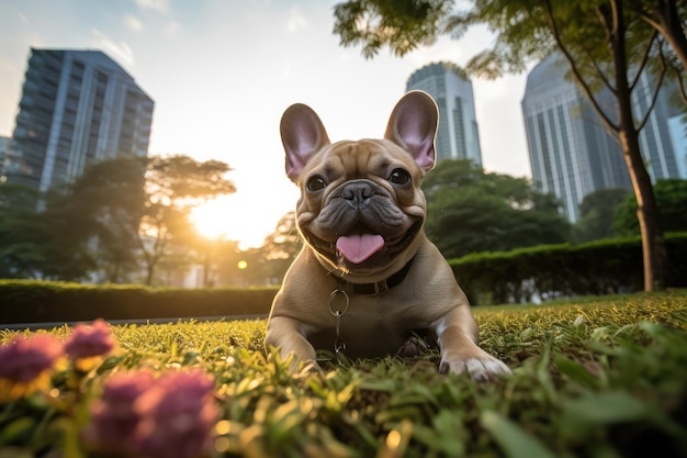 Adorabile bulldog francese che gode del tramonto nel parco urbano della città