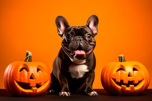 Adorabile bulldog francese in costume di Halloween con zucche malvagie sullo sfondo arancione dello studio