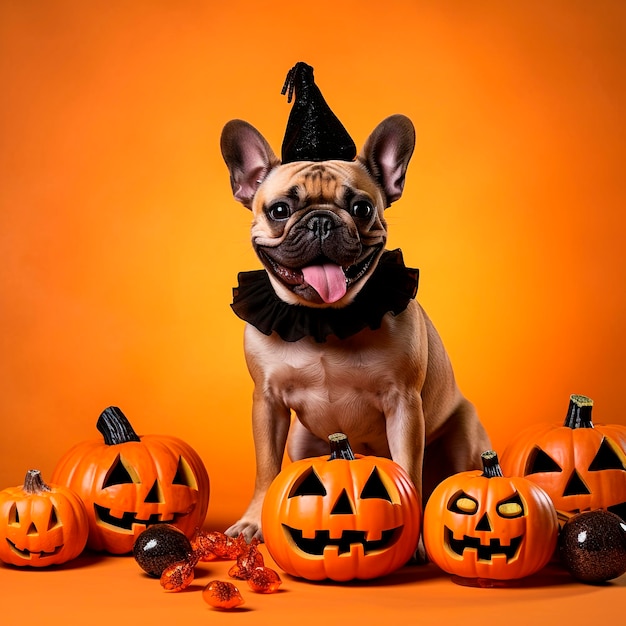 Adorabile bulldog francese in costume di Halloween con zucche malvagie sullo sfondo arancione dello studio