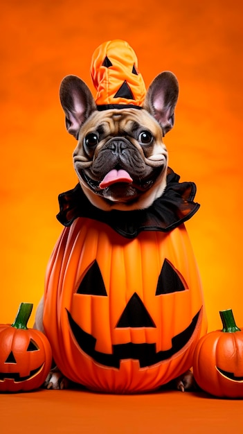Adorabile bulldog francese in costume di Halloween con zucche malvagie sullo sfondo arancione dello studio
