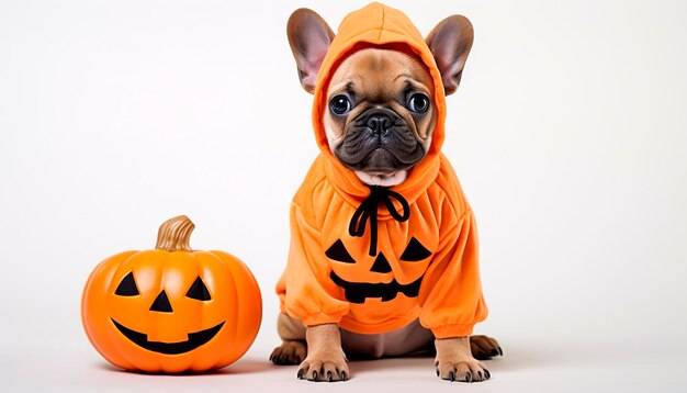 Adorabile bulldog francese in costume di Halloween con zucche malvagie