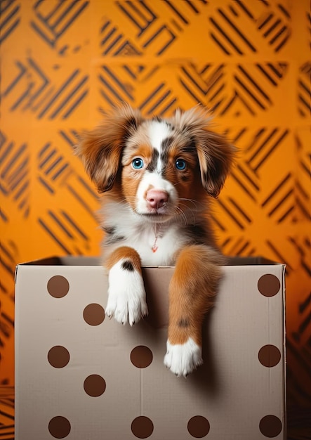 Adorabile cagnolino all'interno di un'illustrazione di una scatola realizzata con l'IA generativa