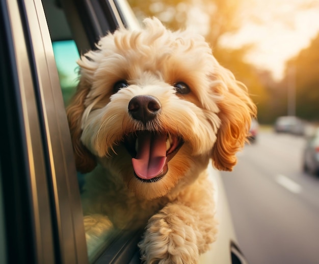 Adorabile cane che guarda dal finestrino dell'auto IA generativa