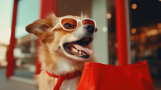 Adorabile cane della spesa con una borsa piena di regali in un carrello della spesa. Concetto di vendita e acquisto in
