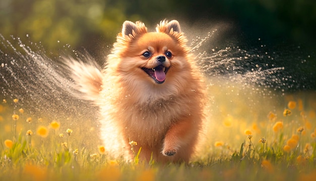 Adorabile cane di Pomerania che viene spruzzato da uno spruzzatore d'acqua in un prato
