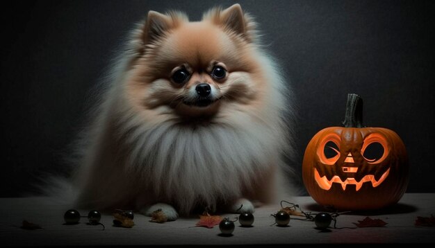 Adorabile cane Pomerania in posa con una zucca di Halloween