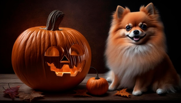 Adorabile cane Pomerania in posa con una zucca di Halloween