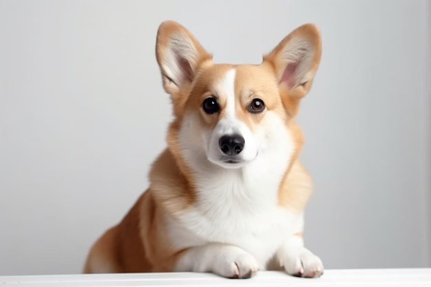 Adorabile carino Welsh Corgi Pembroke seduto su sfondo bianco e guardando la fotocamera Razza di cane più popolare