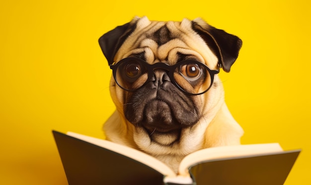 Adorabile carlino triste con occhiali da vista che legge un libro Cane carino isolato su sfondo giallo Primo piano AI generativa