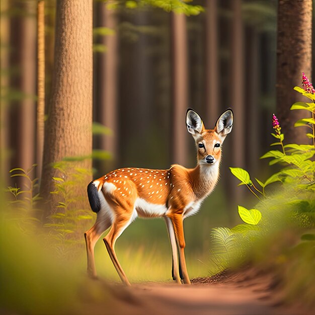 Adorabile cervo faun nella foresta Scena selvaggia in natura