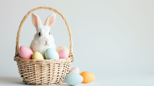 Adorabile coniglietto con una collezione di uova pastello nel cesto per Pasqua