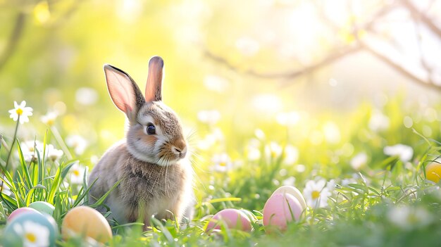 Adorabile coniglietto con uova di Pasqua in un prato fiorito