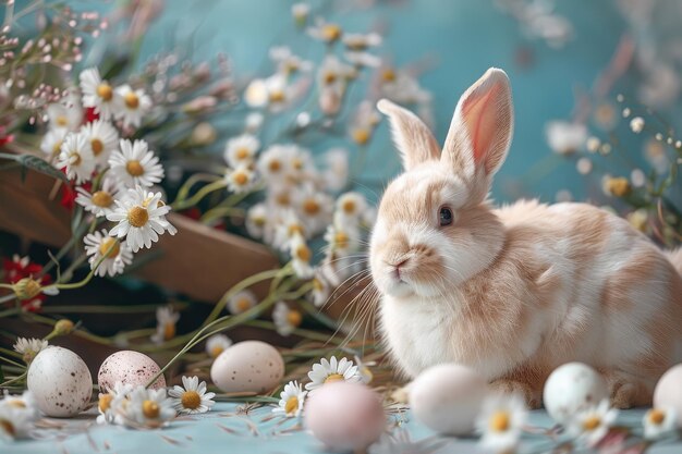 Adorabile coniglietto di Pasqua con uova e fiori in una copia Generative Ai