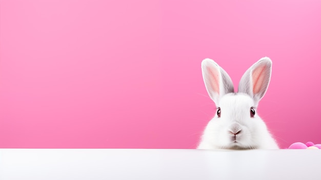 Adorabile coniglio bianco che sbircia sulla superficie con sfondo rosa vibrante e uova di Pasqua colorate