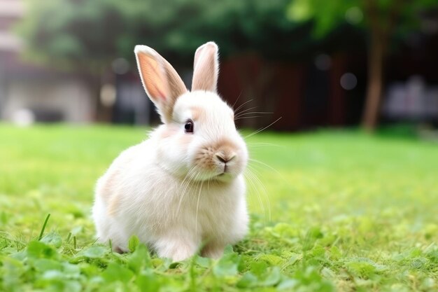 Adorabile coniglio bianco su un prato verde Concetto di Pasqua IA generativa