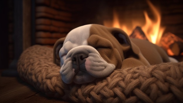 Adorabile cucciolo addormentato vicino al fuoco caldo