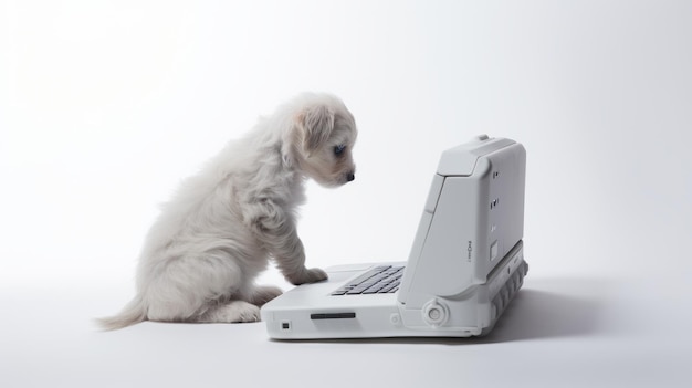 Adorabile Cucciolo Bianco Cercando Di Usare Un Computer