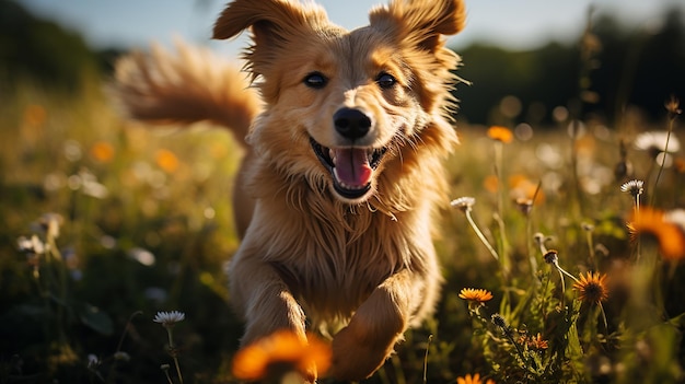 adorabile cucciolo che gioca in un campo d'erba