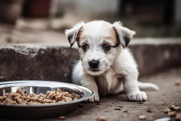 Adorabile cucciolo che mangia cibo per cani da una ciotola Nutrire gli animali domestici è un concetto di intelligenza artificiale generativa