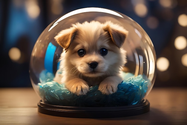 Adorabile cucciolo curato racchiuso in una sfera di vetro sferica