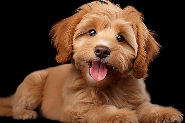 Adorabile cucciolo di cane Labradoodle albicocca rosso che si sdraia lateralmente guardando verso l'intelligenza artificiale generativa