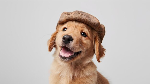 Adorabile cucciolo di Golden Retriever che indossa un cappello elegante posa con un'espressione felice Perfetto per gli amanti degli animali domestici e per la famiglia Contenuto di alta qualità Ritratto in studio del miglior amico dell'uomo AI