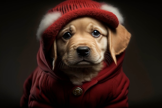 Adorabile cucciolo di labrador retriever vestito con un cappotto di Babbo Natale e un cappello rosso di Babbo Natale