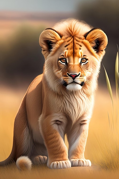 Adorabile cucciolo di leone africano su una savana Opera d'arte digitale