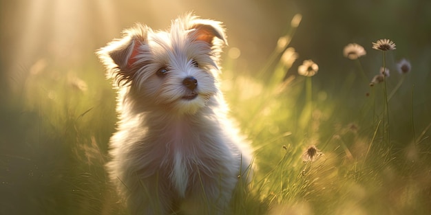 Adorabile cucciolo in campo al tramonto