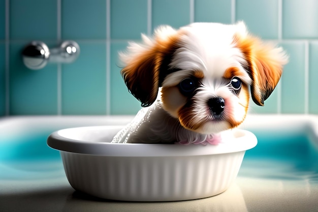 Adorabile cucciolo in un bagno Sudsy cane in una vasca Simpatico Shitzu maltese