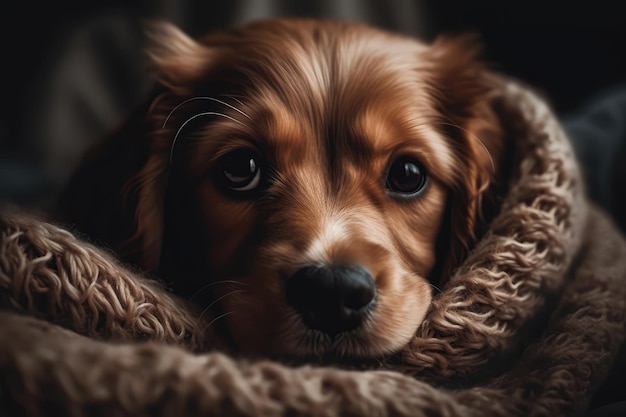 Adorabile cucciolo si rannicchia sotto una coperta accogliente con occhi assonnati IA generativa