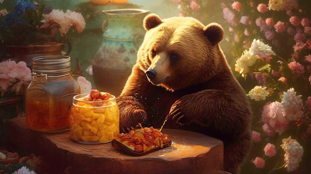 Adorabile dipinto di un orso e un barattolo di miele generato dall'IA