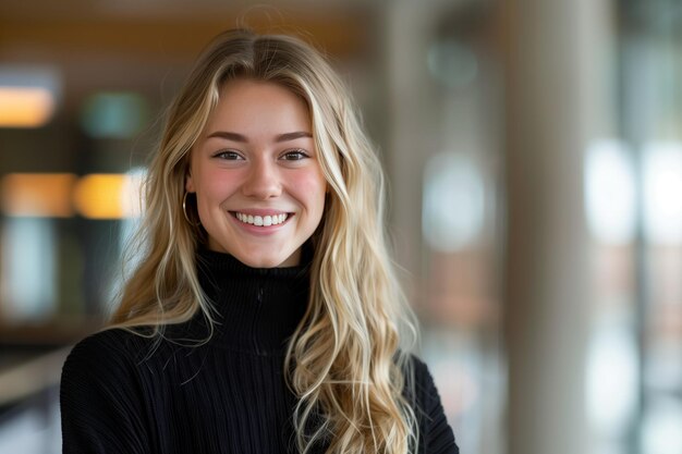 Adorabile e adorabile studente adolescente con i capelli biondi la studentessa che indossa un maglione nero sorridente nel corridoio della scuola