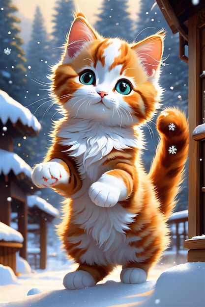 Adorabile e prezioso gattino felice il gattino si sta scrollando di dosso la neve ci sono nevi che volano ovunque