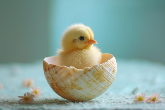 Adorabile foto a tema di Pasqua con un piccolo pollo giallo nel guscio