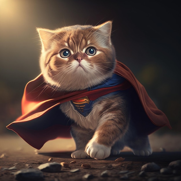 Adorabile gattino carino che indossa il mantello da supereroe AI Generato