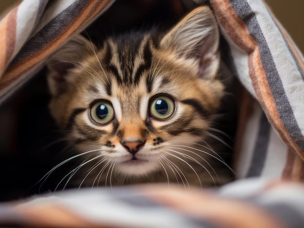 adorabile gattino che sbircia da dietro una tenda