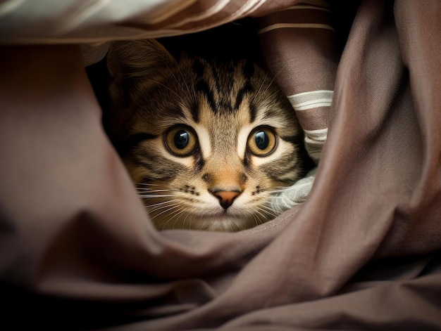 adorabile gattino che sbircia da dietro una tenda