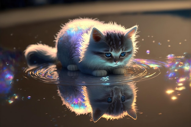 Adorabile gattino che sprofonda in una pozzanghera olografica verso un universo parallelo