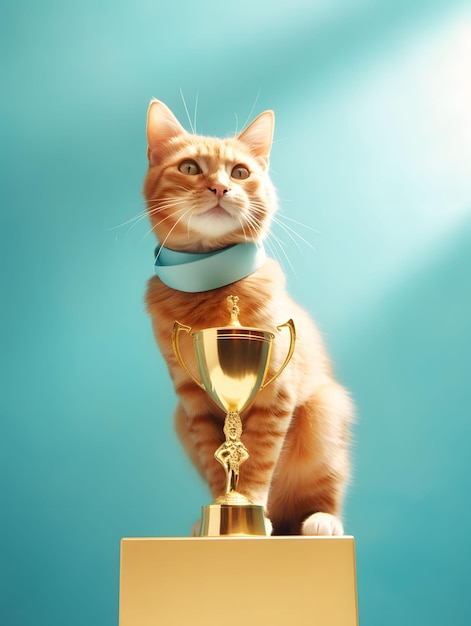 Adorabile gattino con collare a nastro seduto su un podio dietro un trofeo d'oro su sfondo blu creato con la tecnologia Generative AI