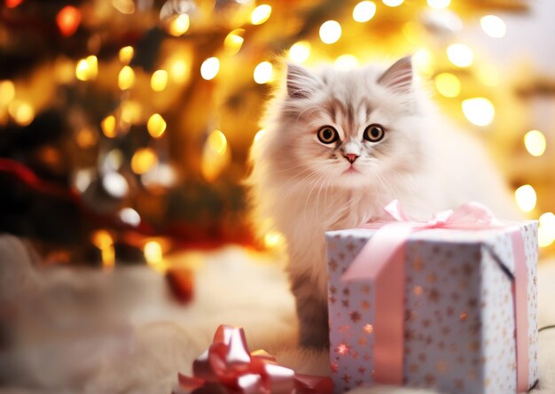 Adorabile gattino con doni e regali sulle luci scintillanti di Natale