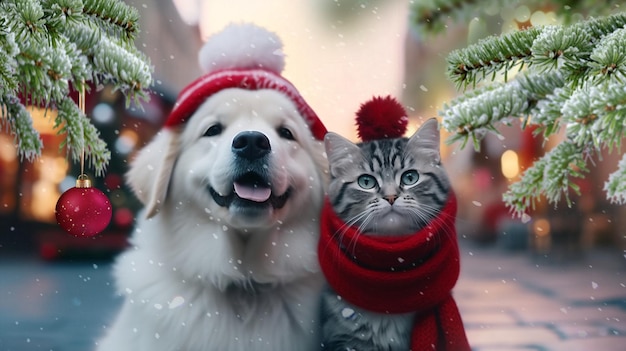 adorabile gattino e cucciolo di cane sulla nevosa città di Natale sera strada festosa inverno