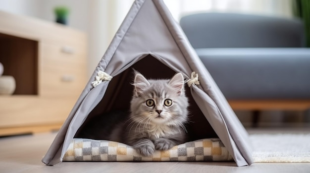 Adorabile gattino grigio con occhi sorprendenti in un elegante letto in tenda in un ambiente domestico morbido e adatto agli animali domestici
