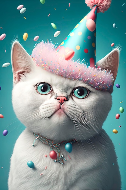 Adorabile gatto bianco che festeggia il suo compleanno