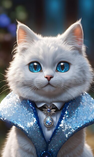 Adorabile gatto dagli occhi blu con un carino accessorio di moda che guarda la telecamera