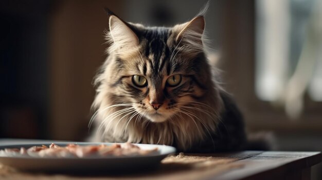 Adorabile gatto domestico con pelliccia marrone e bianca che mangia cibo dal piatto su sfondo sfocato