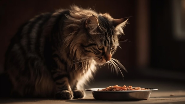 Adorabile gatto domestico con pelliccia marrone e bianca che mangia cibo dal piatto su sfondo sfocato